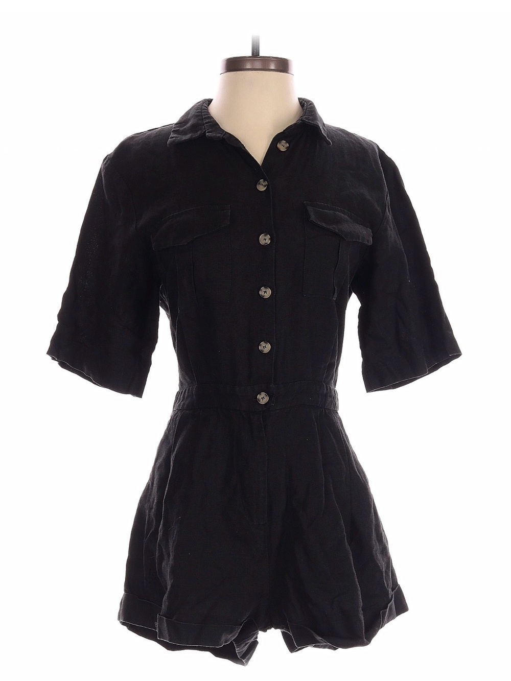 bec + bridge Black 100% Linen Button Down Romper Small